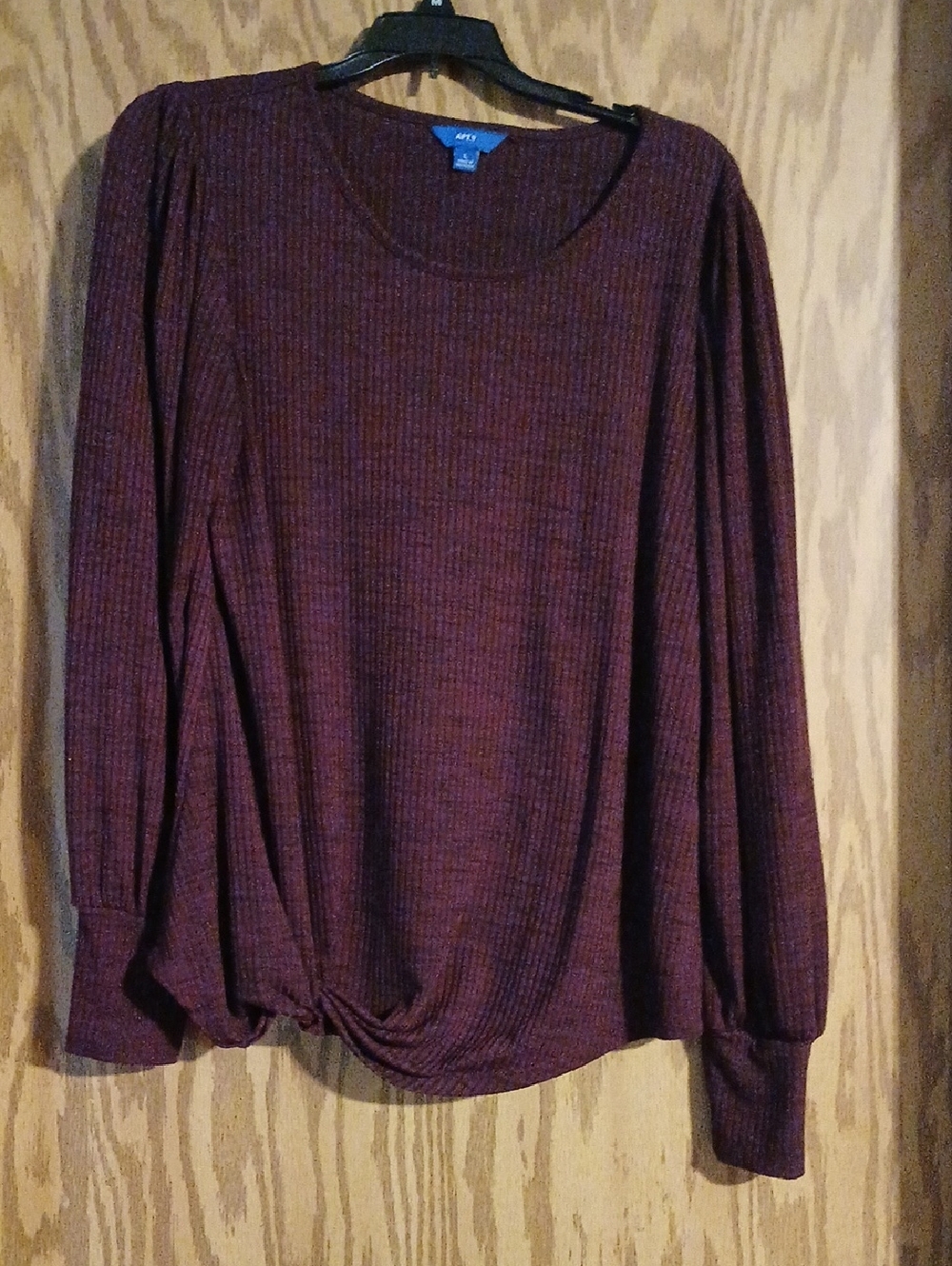 Apt. 9 Womens Burgundy Ribbed Long-Sleeve Twist Hem Top